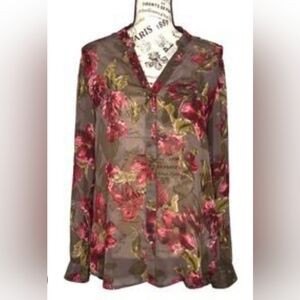 Kut from the Kloth Brown And Red Floral Sheer Button Down  Blouse Size Large
